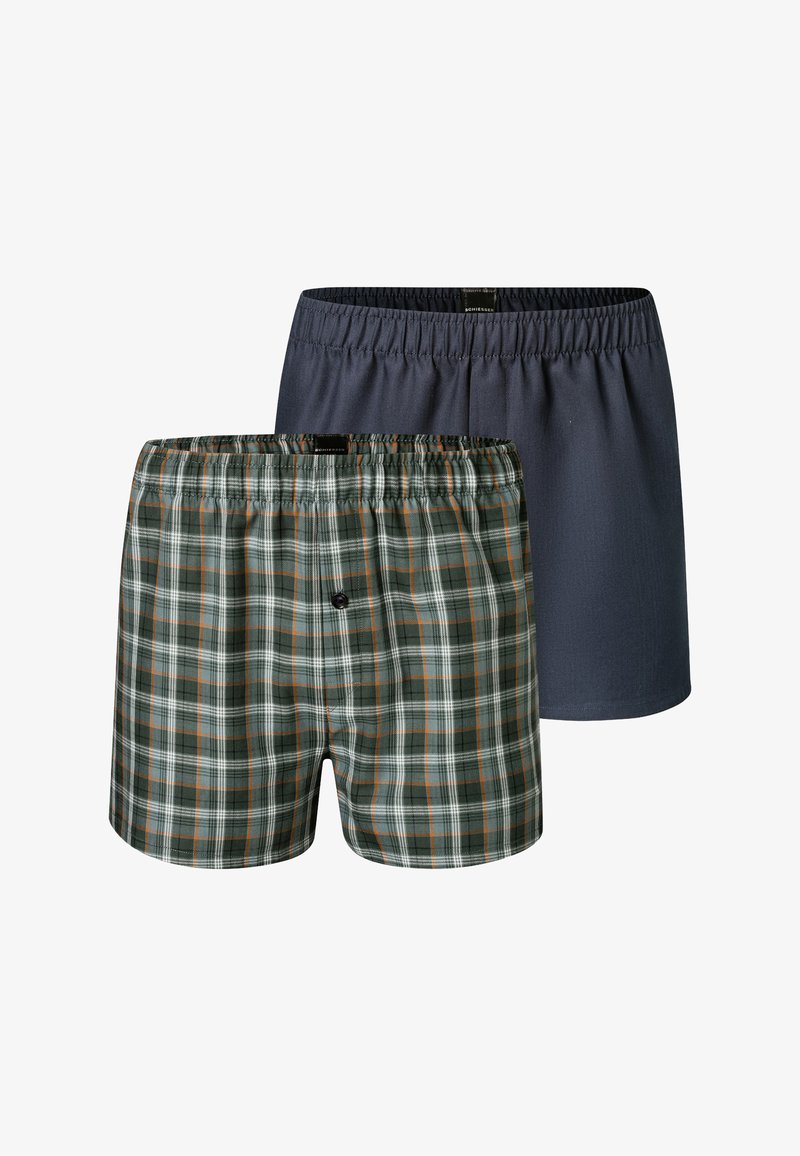 Set mit Boxershorts, bestehend aus einer einfarbigen dunkelgrauen Variante und einer grünen Karovariante mit weißen und orangefarbenen Akzenten. Elastischer Bund an beiden Paaren.