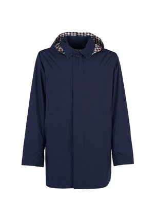 Giacca impermeabile blu navy con cappuccio, dotata di una fodera a fantasia a quadretti, chiusura frontale con bottoni e maniche lunghe. Texture liscia.