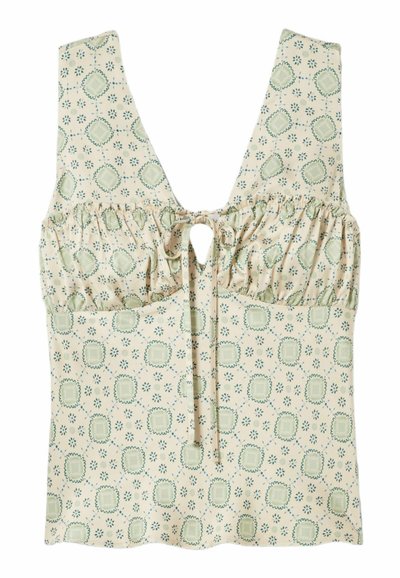 Top beige senza maniche con busto arricciato, chiusura anteriore con laccio e stampa floreale e geometrica verde.