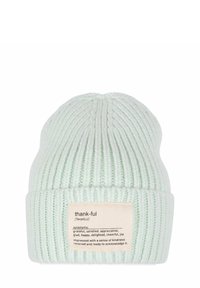Mint green knitted beanie with ribbed texture and a folded cuff. Features a label with the word "thank-ful" and synonyms printed on it.