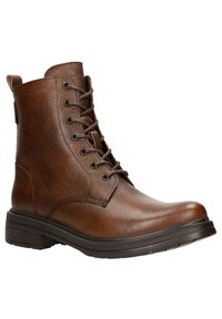 Bottines en cuir marron à lacets avec une finition texturée, bout rond et un col rembourré. Comprend des œillets en métal et une semelle en caoutchouc durable.