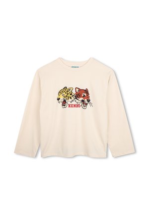 Chemise crème à manches longues avec des illustrations d’un léopard rugissant et des têtes de tigre au-dessus du mot Kenzo en rouge.