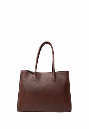 Sac cabas en cuir marron avec deux longues anses et une fermeture éclair, conçu pour transporter des effets personnels.