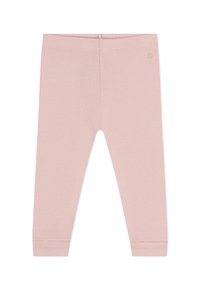 Leggings di cotone rosa chiaro con una texture liscia, vita elastica e polsini. Design semplice senza motivi o accenti aggiuntivi.