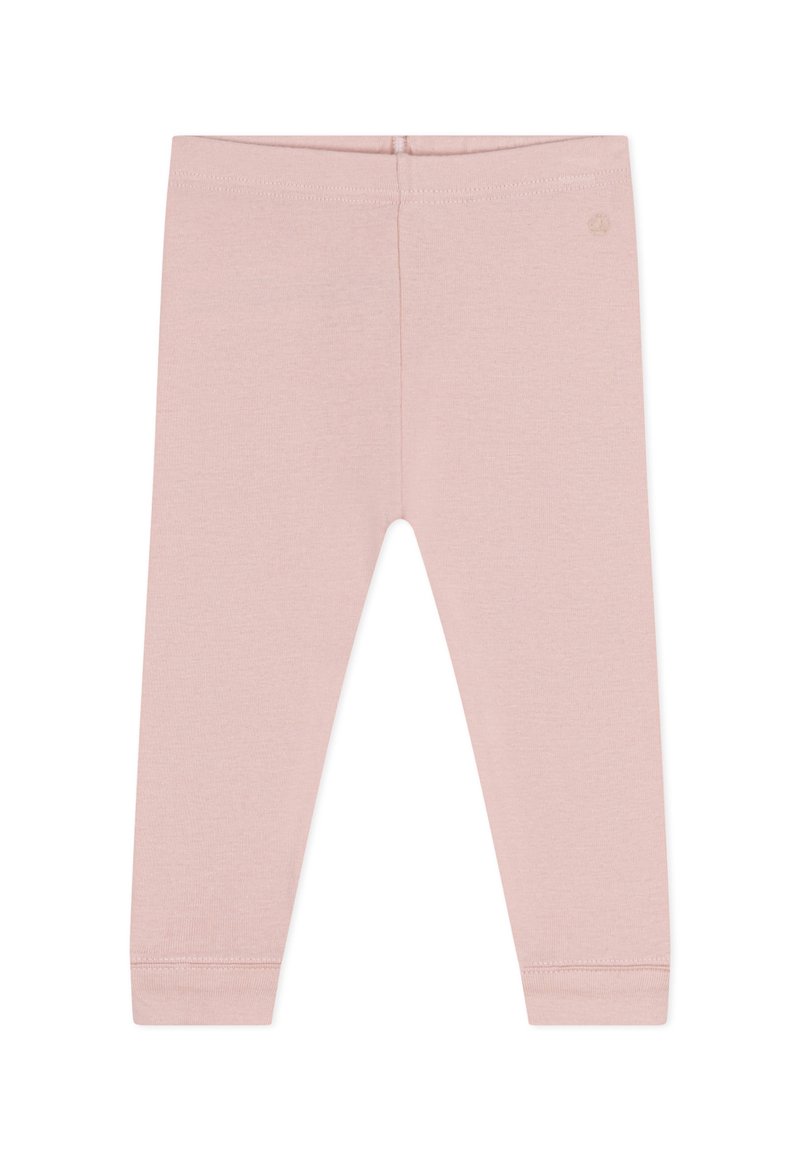 Leggings di cotone rosa chiaro con una texture liscia, vita elastica e polsini. Design semplice senza motivi o accenti aggiuntivi.