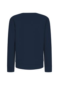 Granatowy sweter z długim rękawem, okrągłym dekoltem i prążkowanymi mankietami oraz dolnym obramowaniem, pokazany z tyłu.