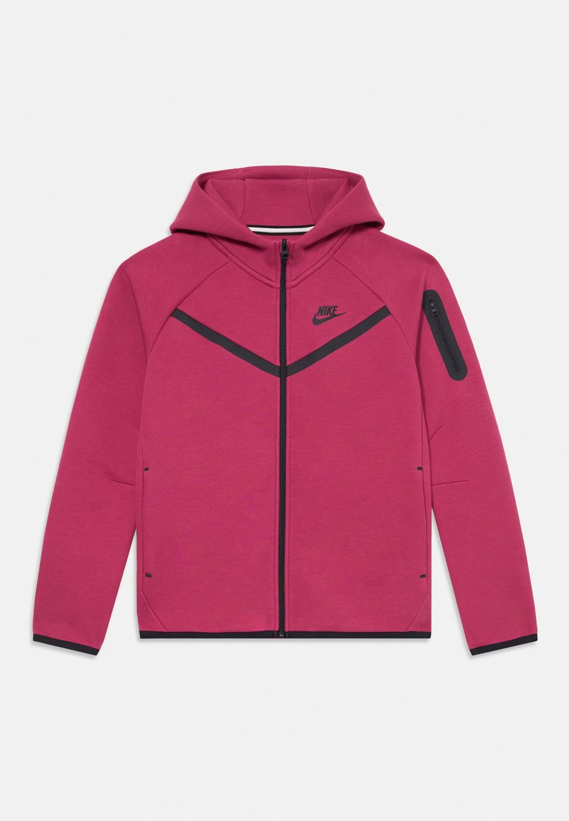 Nike zip-up džemperis ryškiai rožinės spalvos su juodais akcentais ir priekiniais užtrauktukais. Yra gobtuvas ir šoninė užtrauktukų kišenė ant rankovės.