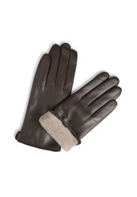 Gants en cuir brun avec un poignet en laine beige doux. Présentent une texture lisse, cinq doigts et aucun élément matériel ou embellissement visible.