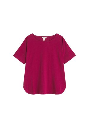 Top magenta cu mâneci scurte, guler rotund, croială lejeră și tiv rotunjit, pe un fundal alb.