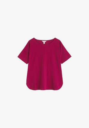 Top magenta de manga corta y cuello redondo, de corte holgado y dobladillo redondeado, sobre un fondo blanco.