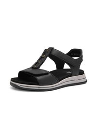 Black leather sandal with adjustable straps, open toe design, padded footbed, and a white rubber sole with black accents. Gold decorative hardware.