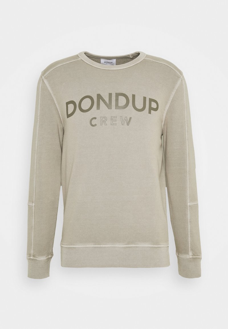 Sweatshirt a manica lunga beige realizzato in tessuto morbido, con colletto e polsini a coste. "DONDUP" e "CREW" stampati in modo evidente sul davanti.