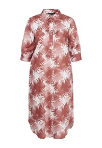 Langes Hemdkleid mit einem weißen Grundton und einem rötlich-braunen Palmenblattmuster, Kragen und dreiviertellangen Puffärmeln.