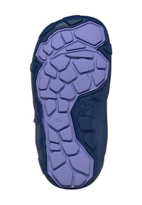 Sole of a child’s shoe with textured, irregular hexagonal tread pattern in blue and purple rubber, size 21 marked on bottom.