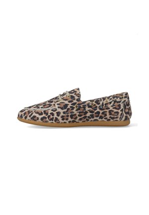 Casual slip-on shoe with brown and black leopard print, lace details, stitched upper, and flat tan rubber sole on a white background.