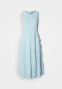Robe midi bleu clair sans manches avec encolure ronde et légère évasement, présentée sur fond blanc uni.