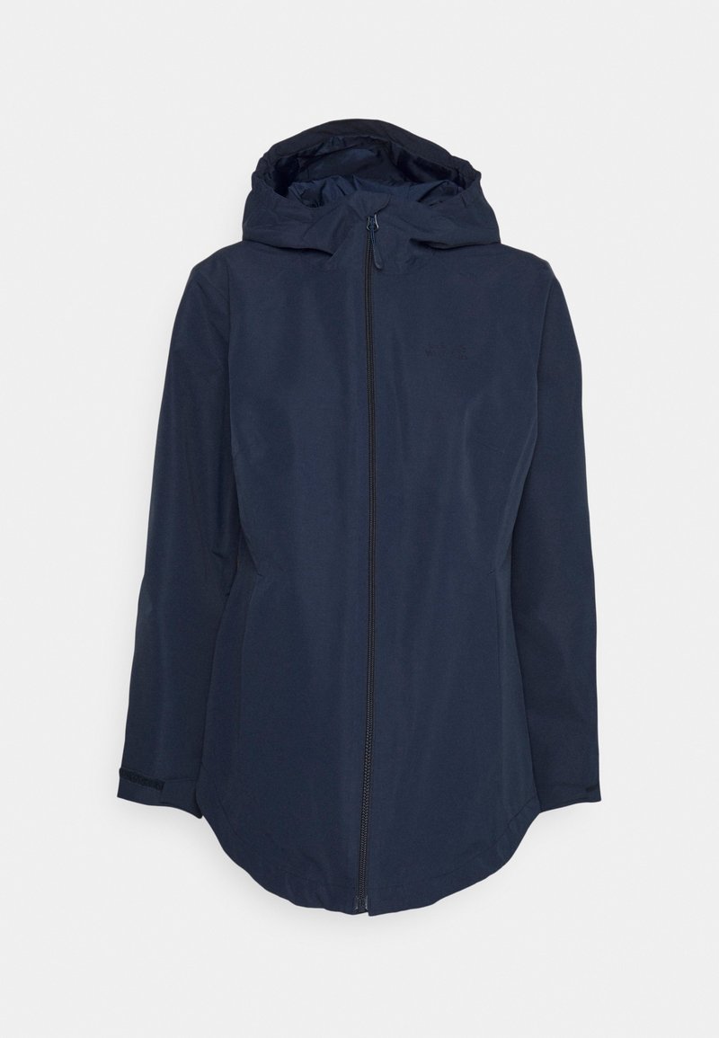 Veste à capuche bleu marine avec fermeture éclair frontale, manches longues et poignets réglables en Velcro, conçue pour temps froid ou pluvieux.