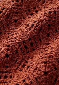 Tissu crocheté de couleur rouille détaillé avec des motifs floraux et des losanges complexes créant un dessin en relief et ajouré.