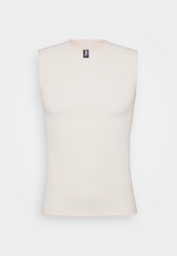 Débardeur pour homme sans manches en tissu doux de couleur beige clair ; coupe ajustée avec un col rond et des coutures minimales. Étiquette située au centre du dos.