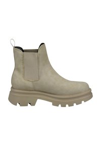 Beige Chelsea-Boot mit einem glatten Lederoberteil, elastischen Seitenpaneelen und einer dicken, robusten Gummisohle. Mit einem hinteren Ziehschlauf für einfaches Anziehen.