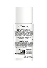 Crema solare L'Oréal Paris in una bottiglia cilindrica bianca e opaca da 50 ml con tappo a vite e istruzioni e avvertenze stampate.