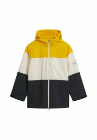 Giacca a blocchi di colore gialla, bianca e blu navy con cappuccio, zip frontale, due tasche laterali e dettaglio grafico "Nautical" sulla manica.
