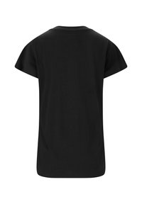 Black short-sleeve t-shirt, cotton material, relaxed fit, round neck, smooth texture, no visible graphics or embellishments.