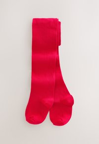 Red cotton tights with a smooth texture, featuring a simple design and rounded toes. No notable patterns or accents.