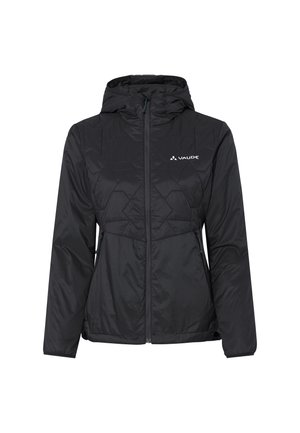 Zwarte gewatteerde jas met een capuchon, voorzien van een ritssluiting aan de voorkant en twee zijzakken. Gemaakt van lichtgewicht, gladde stof, met een logo op de borst.