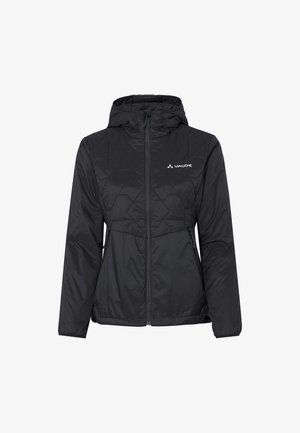 Zwarte gewatteerde jas met een capuchon, voorzien van een ritssluiting aan de voorkant en twee zijzakken. Gemaakt van lichtgewicht, gladde stof, met een logo op de borst.