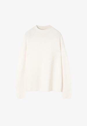Crème gebreide trui met lange mouwen, ronde hals en raglanmouwen, gepresenteerd op een witte achtergrond.