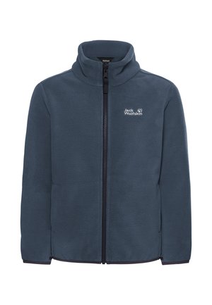 Blauwe fleece jas met rits en opstaande kraag en Jack Wolfskin-logo op de linkerborst, getoond tegen een witte achtergrond.