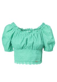 Blusa verde menta a maniche corte in tessuto testurizzato, con scollatura a volant e orlo scallop, caratterizzata da dettagli in pizzo ricamato.