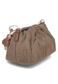 Borsa a tracolla imbottita marrone con texture arricciata, caratterizzata da logo 'J!' in rilievo, tracolla trasparente e dettagli in pelle. Forma compatta e rotonda.