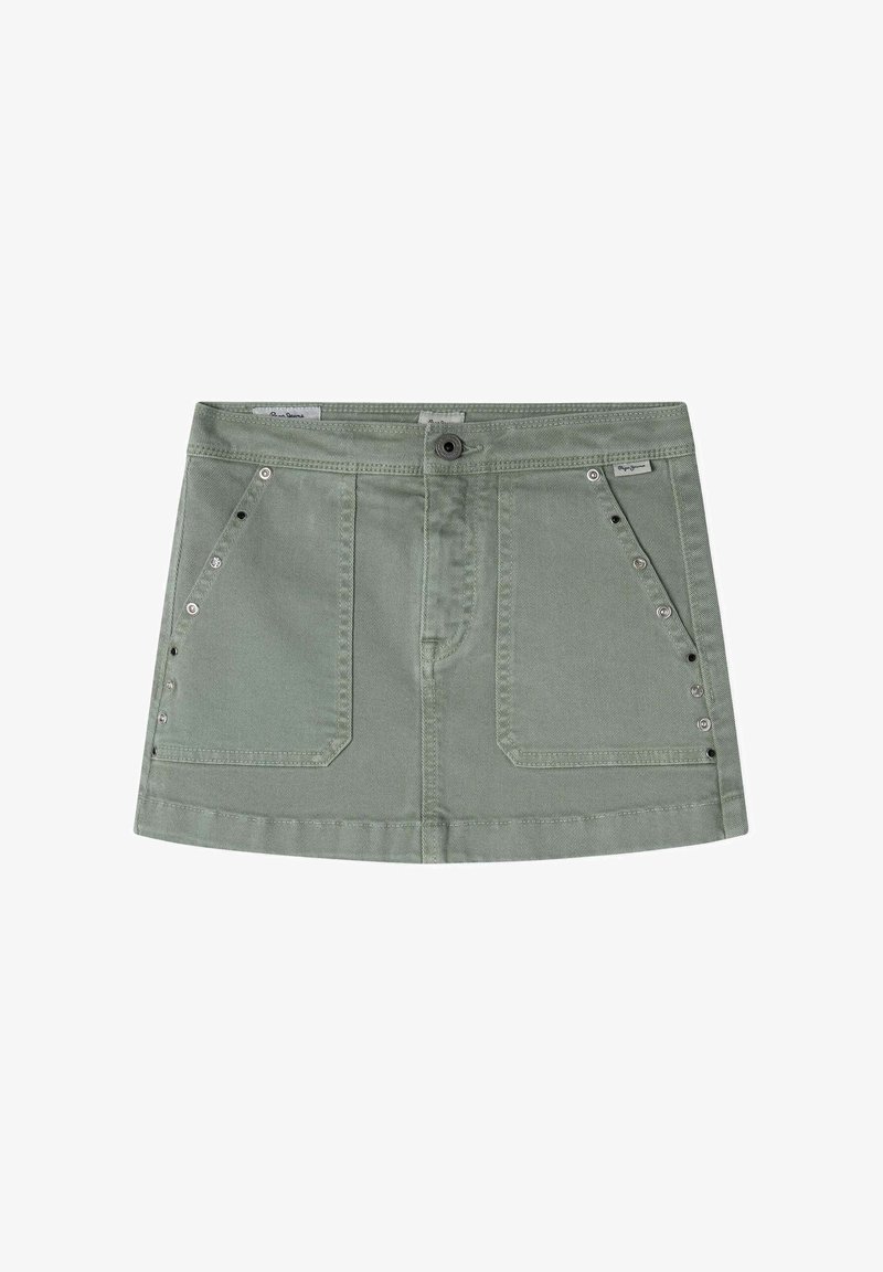 Zelená denimová mini sukňa s prednými vreckami, zapínaním na gombík a detailmi so snap uzávermi po stranách. Hladká textúra s rovným strihom.