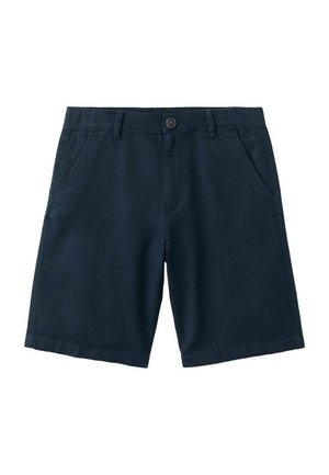 Shorts en coton bleu marine foncé à coupe droite, dotés de deux poches avant et d'une fermeture à bouton unique. Texture lisse, design décontracté.