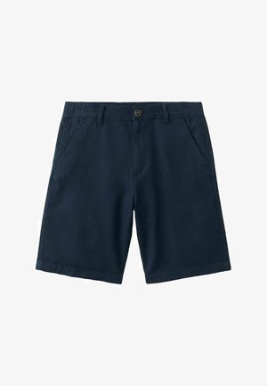 Shorts en coton bleu marine foncé à coupe droite, dotés de deux poches avant et d'une fermeture à bouton unique. Texture lisse, design décontracté.
