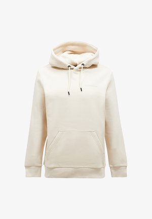 Cremefarbener Kapuzenpullover aus weichem, strukturiertem Stoff mit einer Fronttasche, verstellbarem Kordelzug in der Kapuze sowie gerippten Bündchen und Saum.