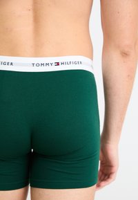 Herren Boxershorts aus grünem Baumwollmaterial mit einem weißen Bund, auf dem der Markenname "TOMMY HILFIGER" in schwarzer und roter Schrift steht.