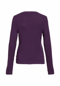Pull en laine à manches longues de couleur violette avec un motif texturé, montré de dos sur un fond blanc.