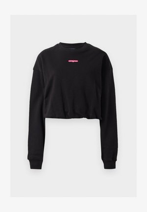 Fekete, rövid fazonú pulóver hosszú ujjal, bordás, kerek nyakkivágással és egy kis rózsaszín hímzett logóval a mellkason. Puha pamut keverék anyag.