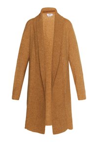 Cárdigan marrón de punto con frente abierto, mangas largas y un patrón texturizado. Presenta un cuello tipo chal y un ajuste relajado.