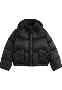 Zwarte cropped pufferjack met een hoge kraag, afneembare capuchon, drukknoopflapzakken en gestikte naden op de mouwen en het lichaam.