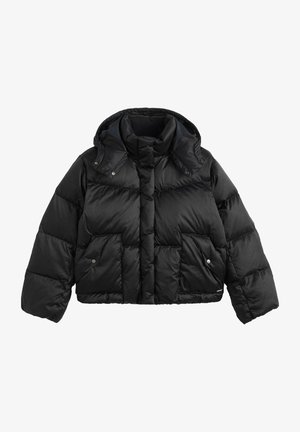 Schwarze, kurz geschnittene Steppjacke mit hohem Kragen, abnehmbarem Kapuzen, Druckknopf-Staufächern und gesteppten Nähten an Ärmeln und Körper.