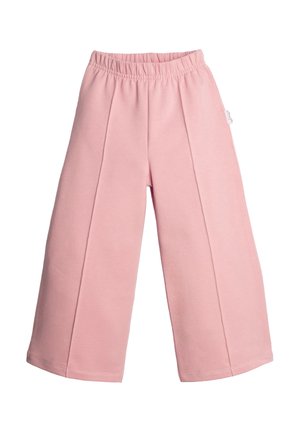Jasnoróżowe spodnie o szerokich nogawkach z elastycznym paskiem i pionowymi przeszyciami, zaprojektowane dla wygodnego, casualowego dopasowania.