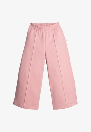 Jasnoróżowe spodnie o szerokich nogawkach z elastycznym paskiem i pionowymi przeszyciami, zaprojektowane dla wygodnego, casualowego dopasowania.