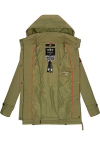 Olive green jacket with polka dot pattern, contrasting red lining, and multiple inner pockets. Features a high collar and snap closures.