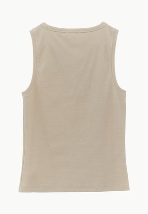 Haut côtelé beige sans manches avec un col rond, montré de dos sur un fond blanc.