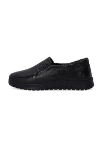 Black slip-on shoes with a textured synthetic upper, elastic side panels, and a rubber outsole featuring a ridged pattern for grip.