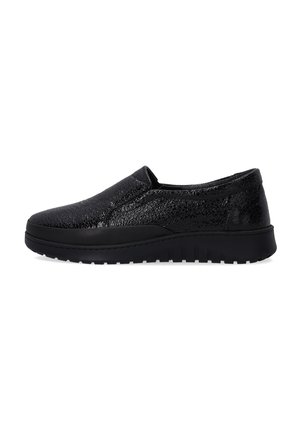 Black slip-on shoes with a textured synthetic upper, elastic side panels, and a rubber outsole featuring a ridged pattern for grip.